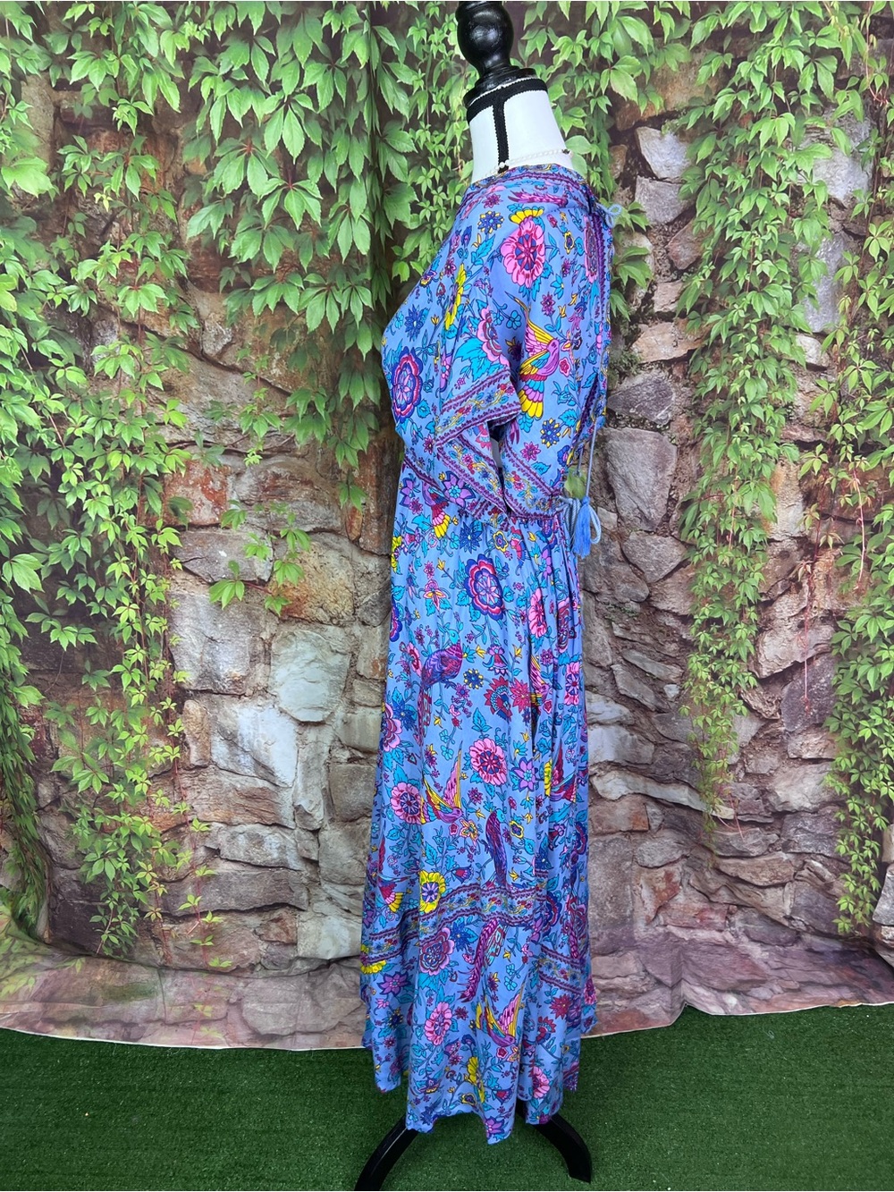 FABRIK Blue Bohemian Floral Tasseled Maxi Dress with Kimono Sleeves, S - Picture 6 of 13